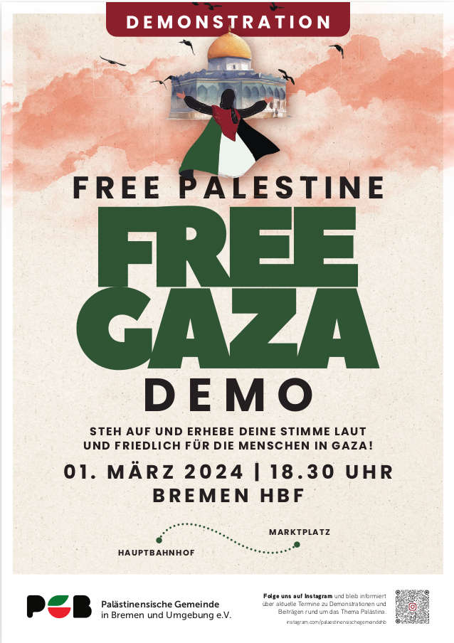 Demoaufruf 1.3.2024 Free Palestine Bremen